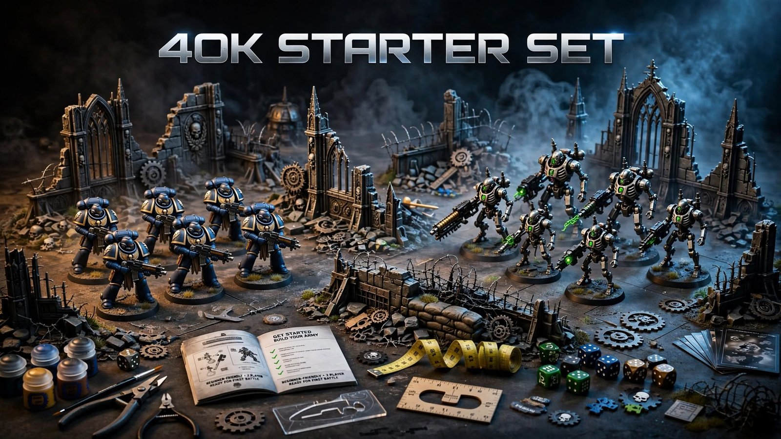 Warhammer 40K Starter Set with Space Marines and Necrons miniatures on ruined battlefield with dice and starter accessories