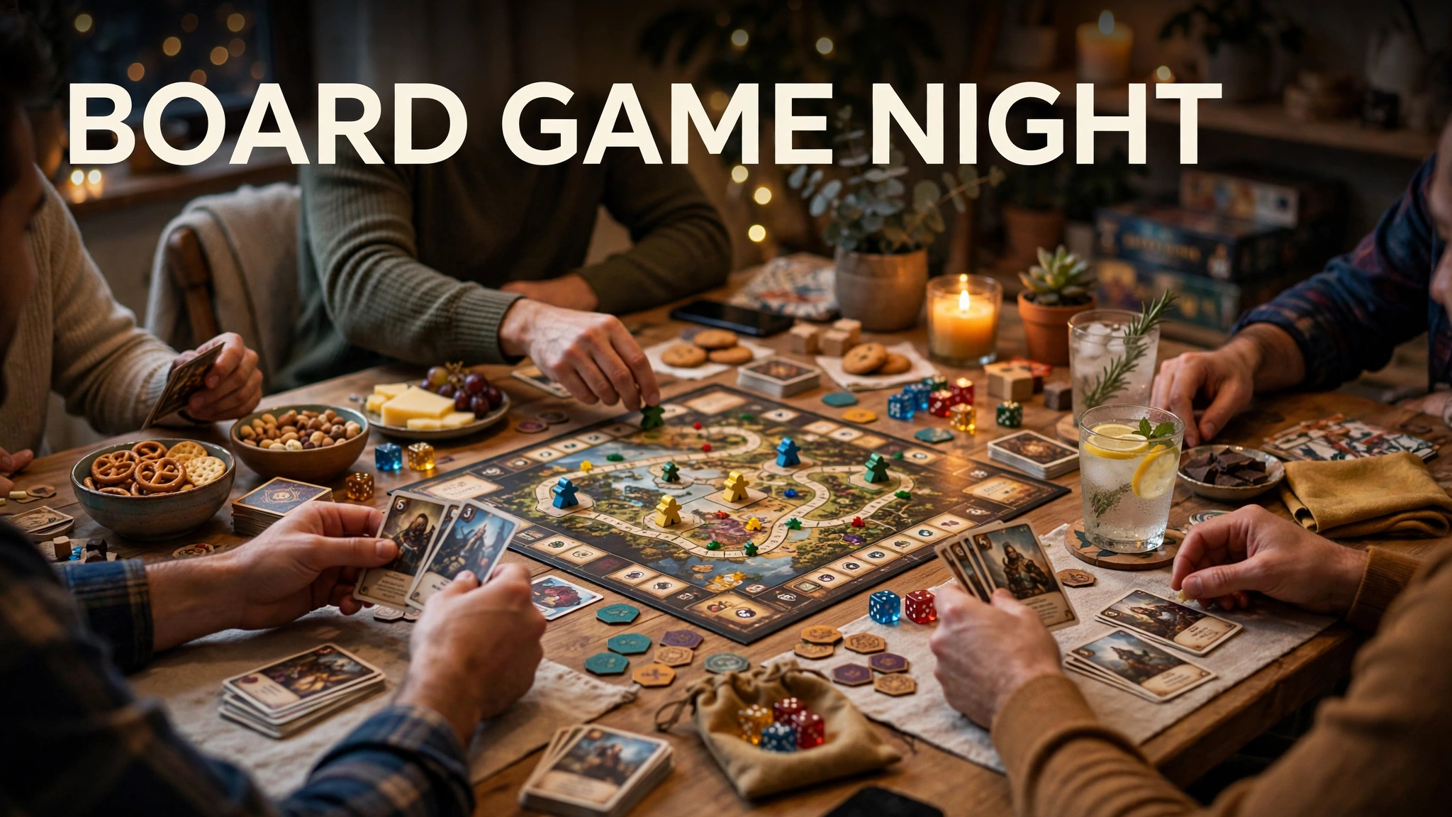 Cozy board game night with friends gathered around table playing colorful board game with snacks and drinks