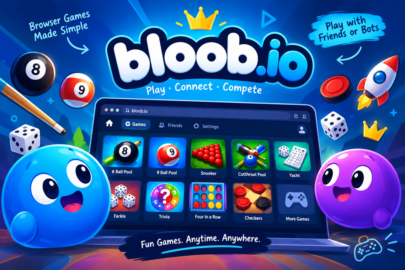 "Bloob.io homepage showing the multiplayer browser game catalog" Source: Original screenshot of the live Bloob.io homepage, credited appropriately as a screenshot of the third-party site rather than GamesPuma's own product.