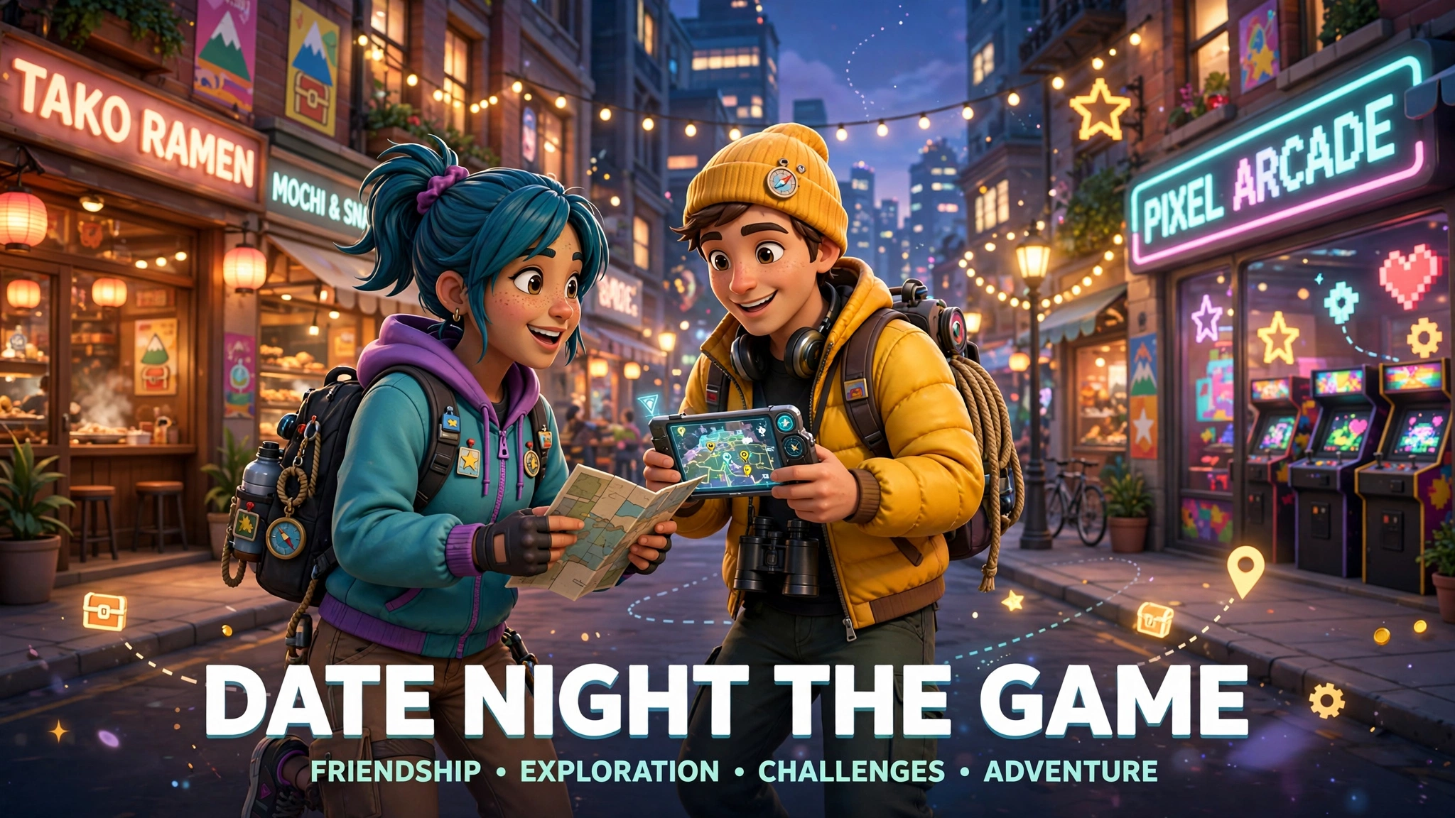 Two stylized game characters planning city adventure at night with maps and gadgets in colorful urban environment with arcade and ramen shops