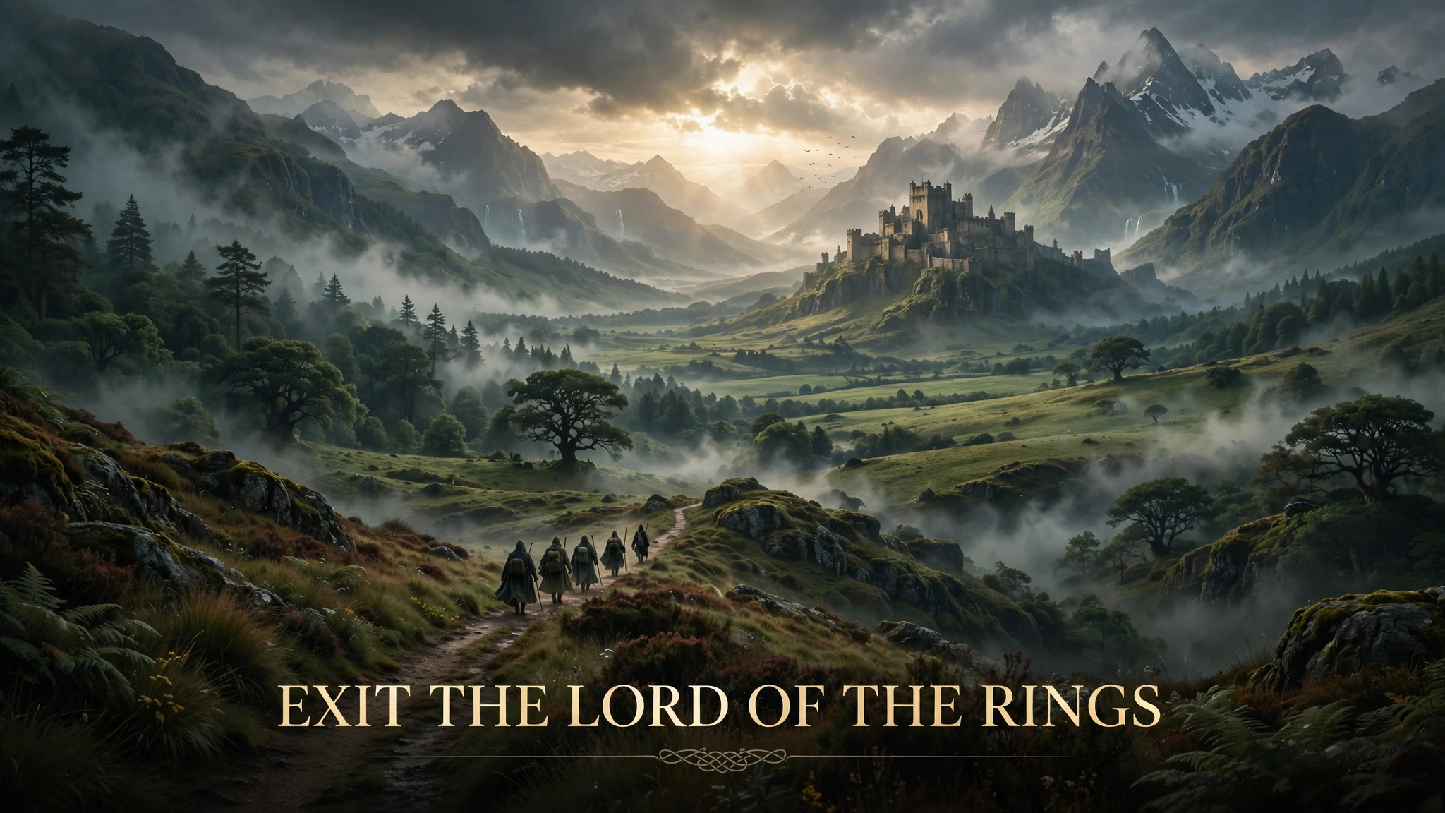 Epic fantasy landscape with ancient castle on hilltop, travelers journeying through misty green valleys and towering mountains inspired by Lord of the Rings