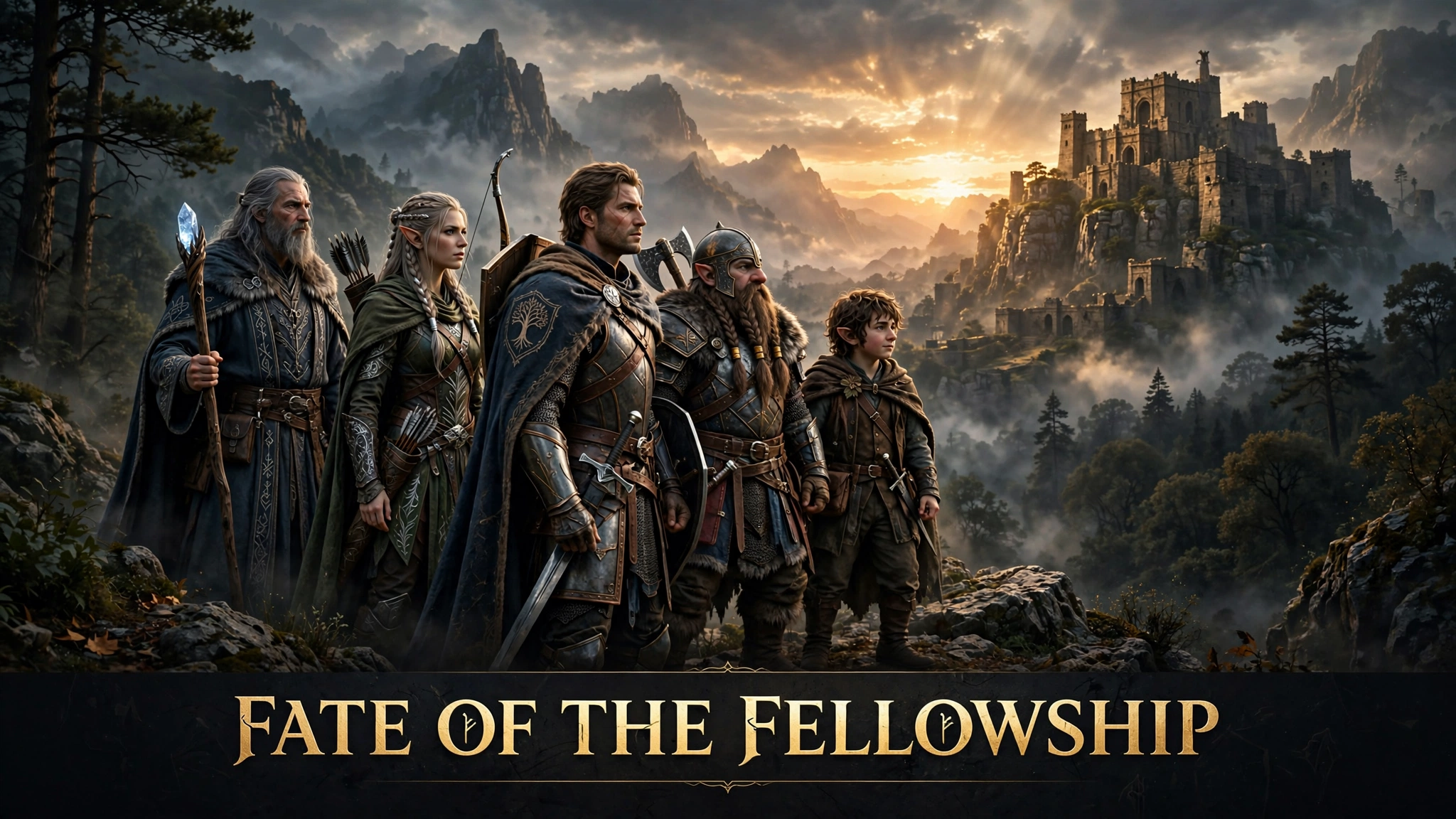 Heroic fellowship of five fantasy adventurers standing together on mountain ridge overlooking ancient fortress and misty Middle-earth landscape at sunset