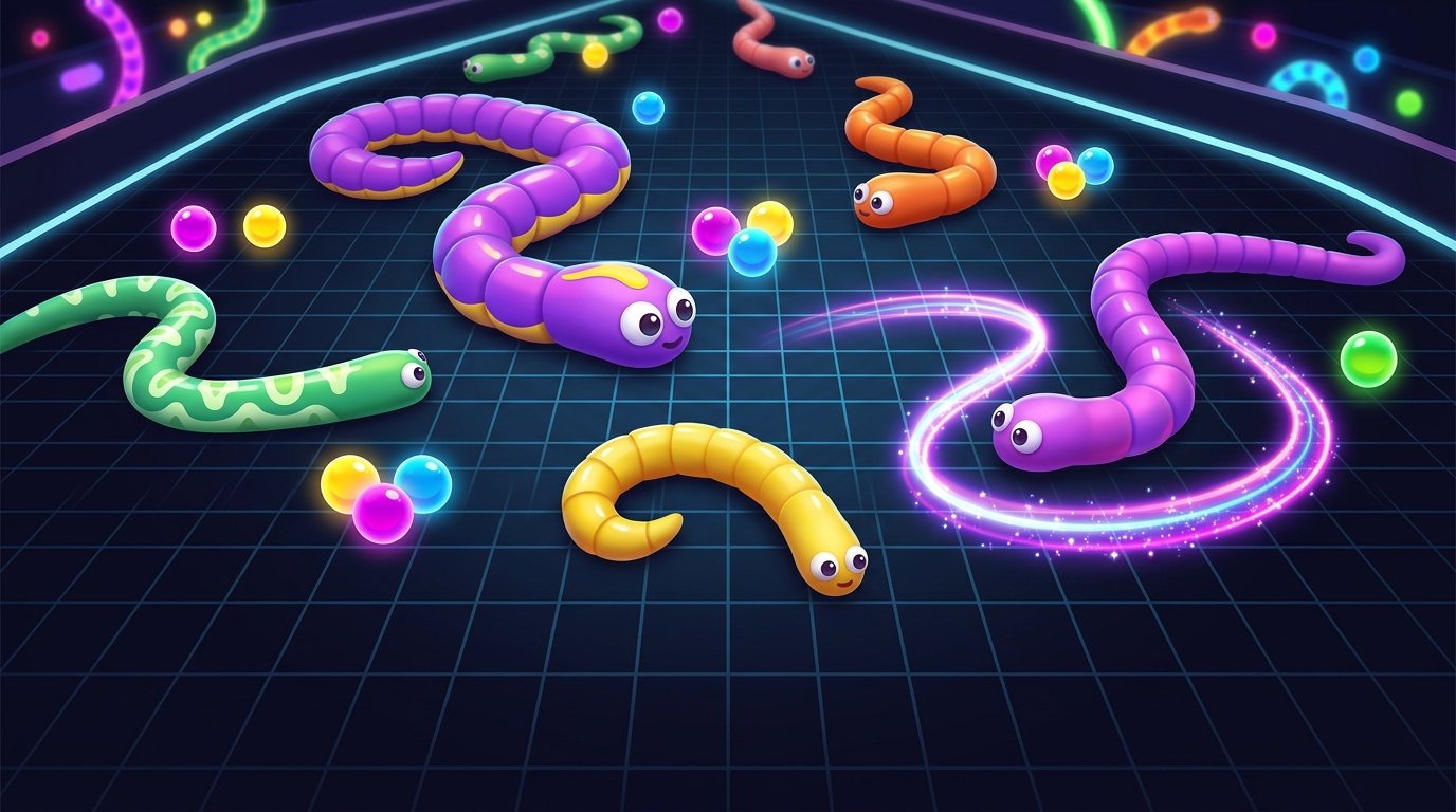 Snake.io multiplayer gameplay with colorful snakes in an arena