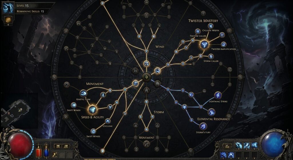 Path of Exile 2 build guide showing character progression and upgrades.Passive tree screenshot showing allocated nodes for a Spirit Walker Twister build.