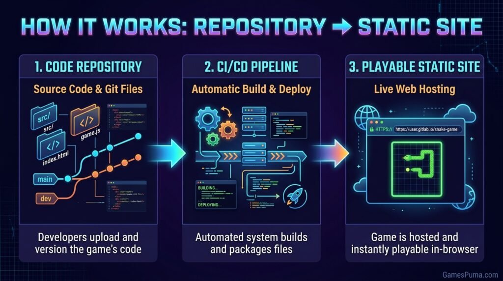 Diagram showing a GitLab repository publishing to a GitLab Pages website Google Snake GitLab