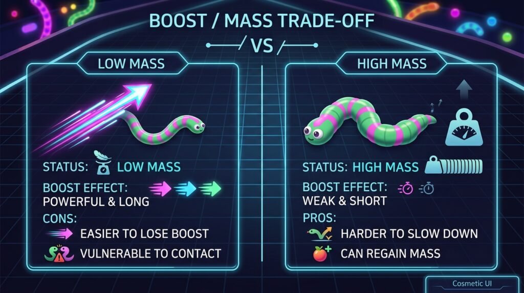 Illustration of the Snake.io boost mechanic and its length cost
