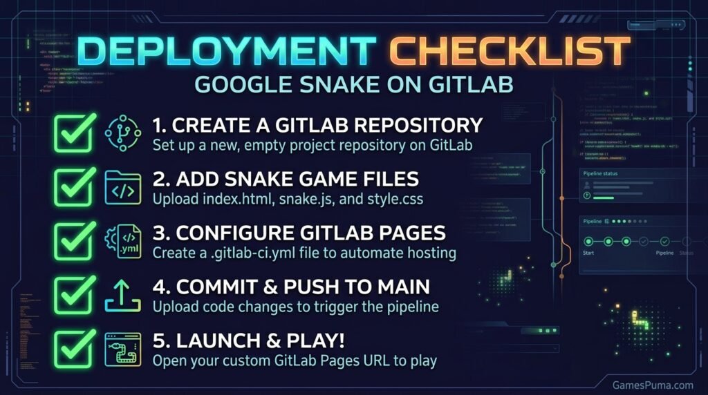 Checklist for evaluating a GitLab-hosted game page Google Snake GitLab