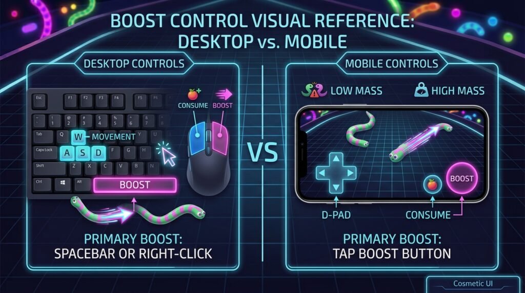Snake.io controls diagram for desktop and mobile
