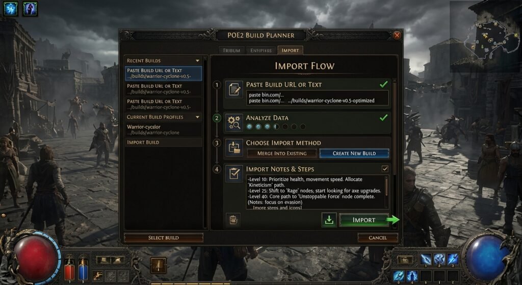 n-game Build Planner window listing a build's passive steps and notes.