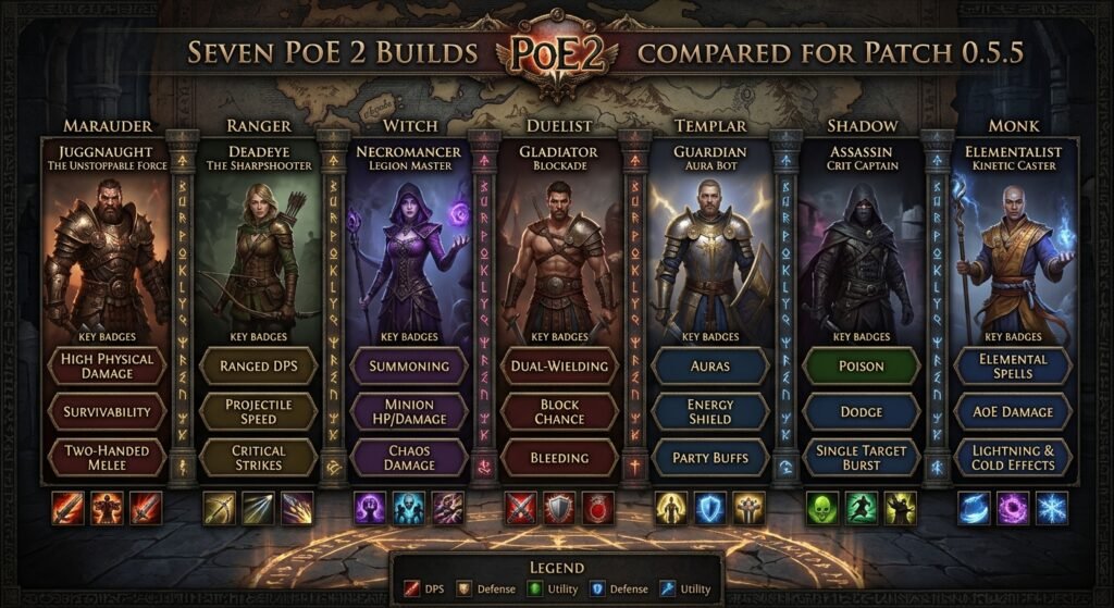 Comparison graphic of seven Path of Exile 2 builds by class and ascendancy.Path of Exile 2 build guide showing character progression and upgrades