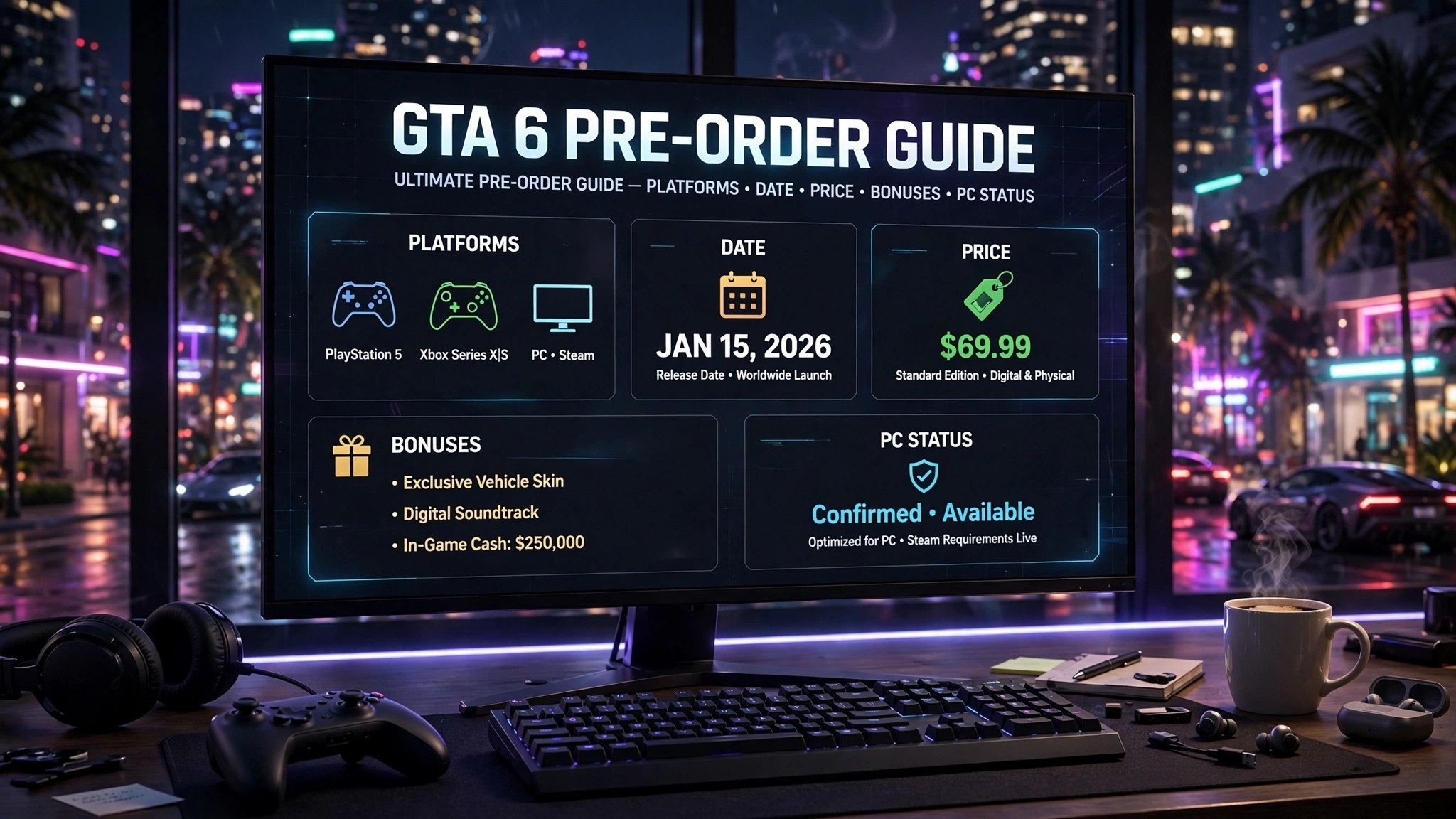 GTA 6 pre-order guide on gaming monitor showing platforms, date, price, bonuses and PC status with neon city in background