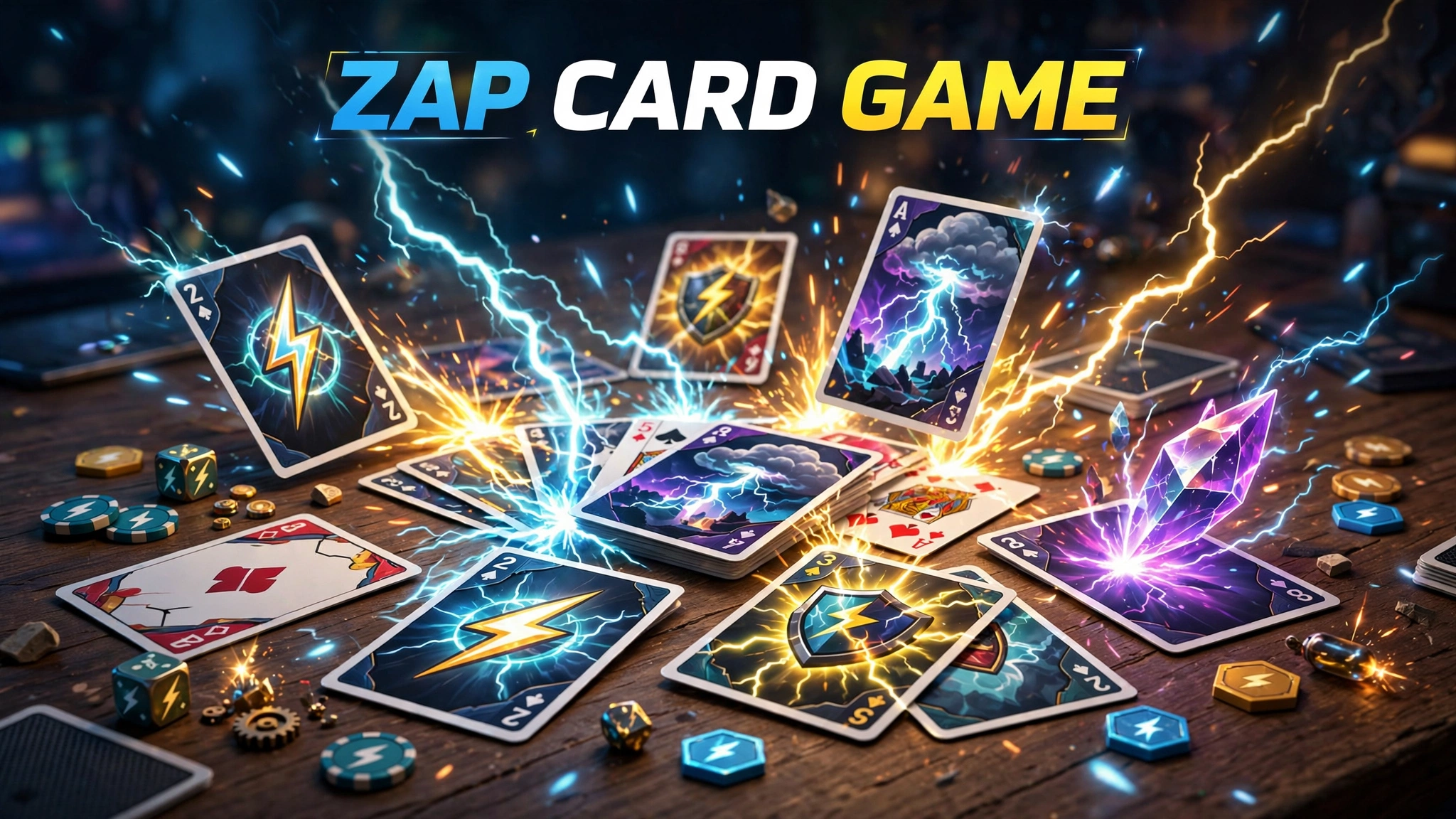 Zap Card Game tabletop scene with colorful lightning cards, electric zap effects, glowing sparks and game pieces on wooden table