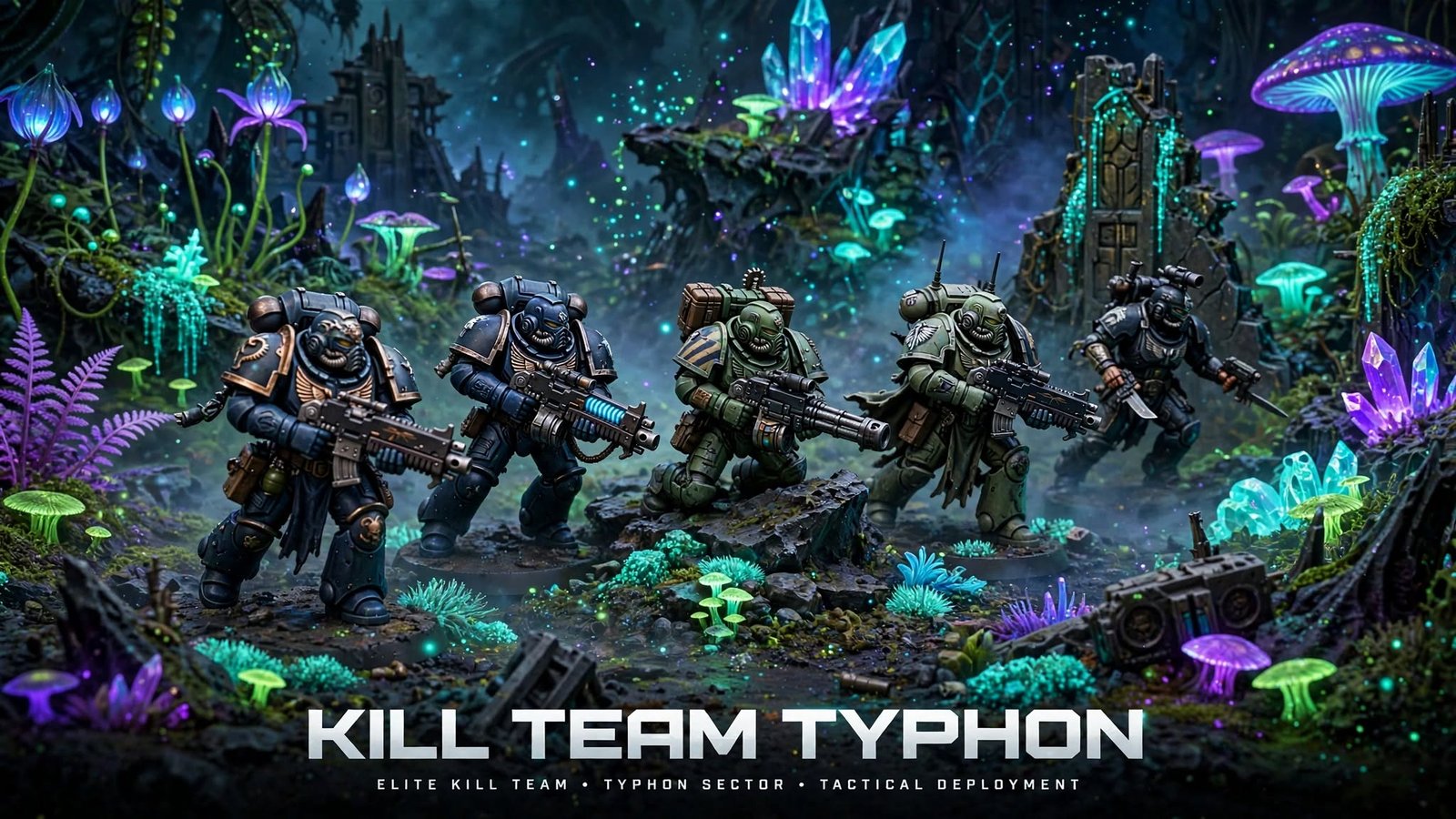Kill Team Typhon elite squad advancing through alien battlefield with glowing bioluminescent plants and crystals