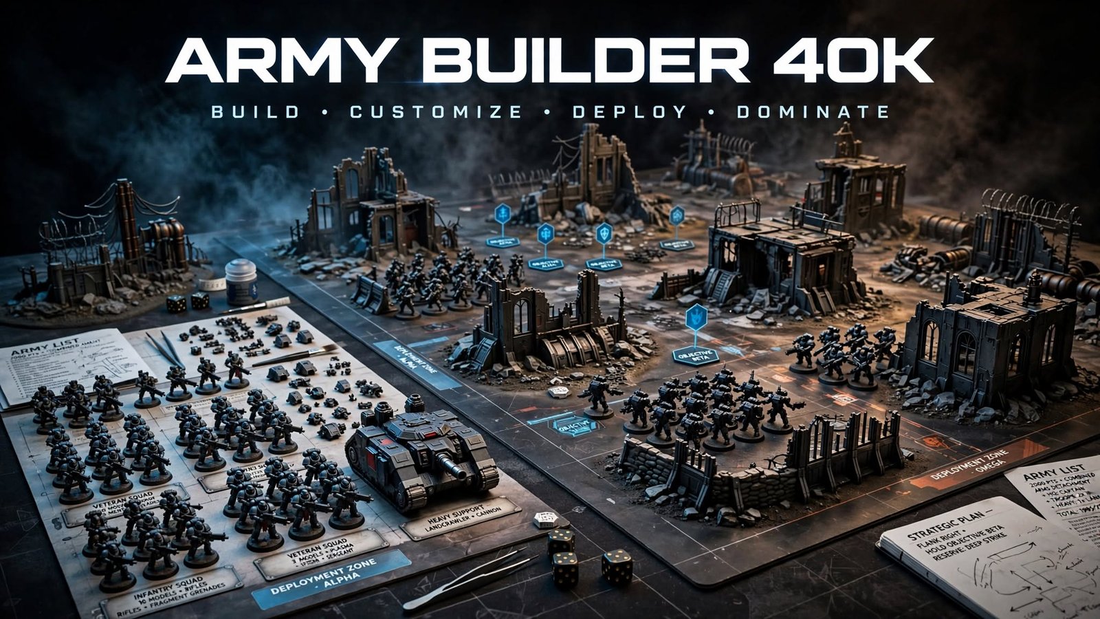 Army Builder 40K tabletop battlefield with miniature army, tanks, infantry squads and deployment zones being assembled