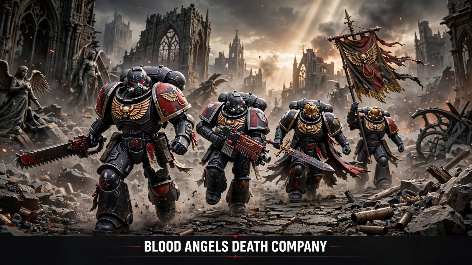 Blood Angels Death Company elite black armor squad advancing with chainsword and banner in ruined gothic battlefield with bold text
