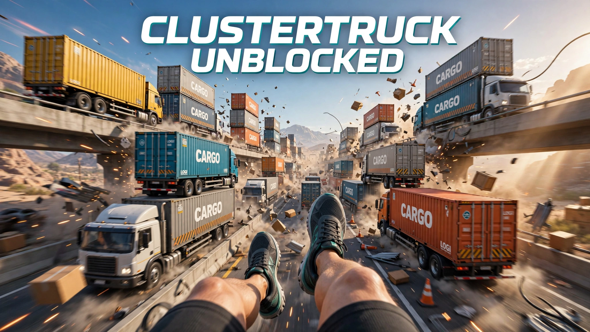 First-person view of ClusterTruck Unblocked gameplay with player jumping between speeding cargo trucks on highway, chaotic truck platforming action