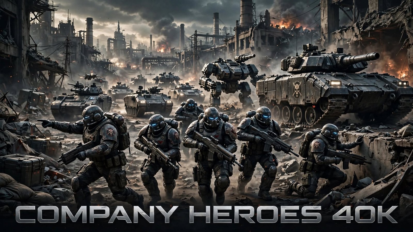 Company Heroes 40K squad of armored soldiers advancing with tanks and mechs through war-torn industrial battlefield