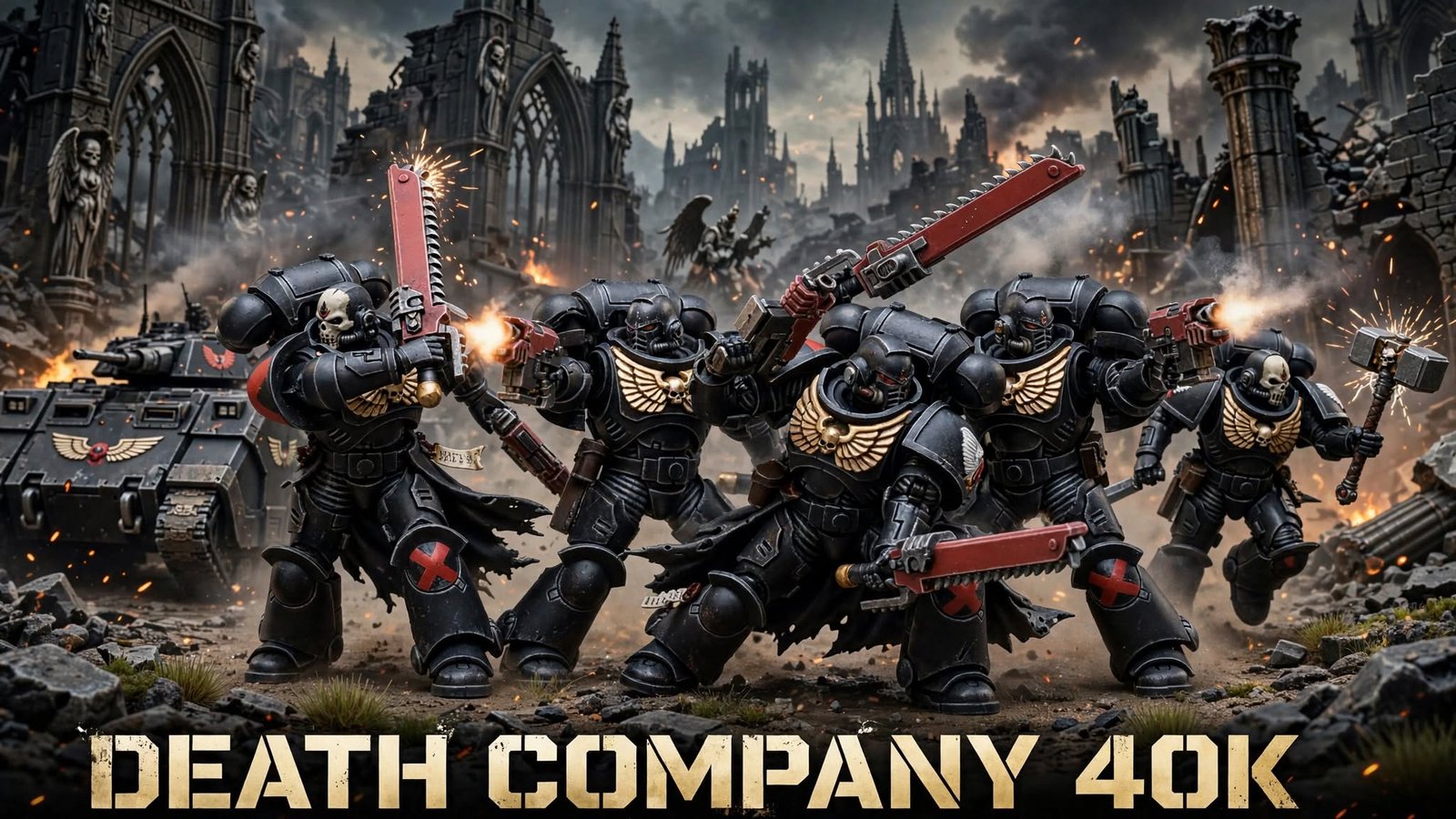 Death Company 40k elite black armored Space Marines charging across ruined gothic battlefield with chainswords and bolt pistols