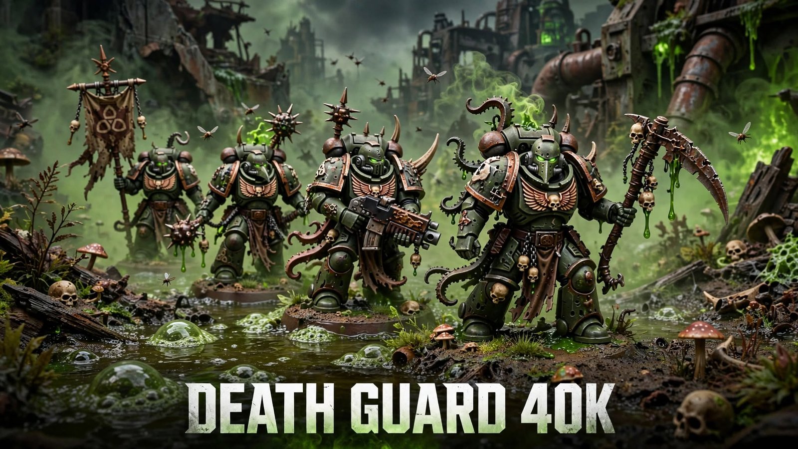 Death Guard 40k Nurgle Chaos Space Marines squad marching through toxic plague swamp with rusted armor and glowing green effects