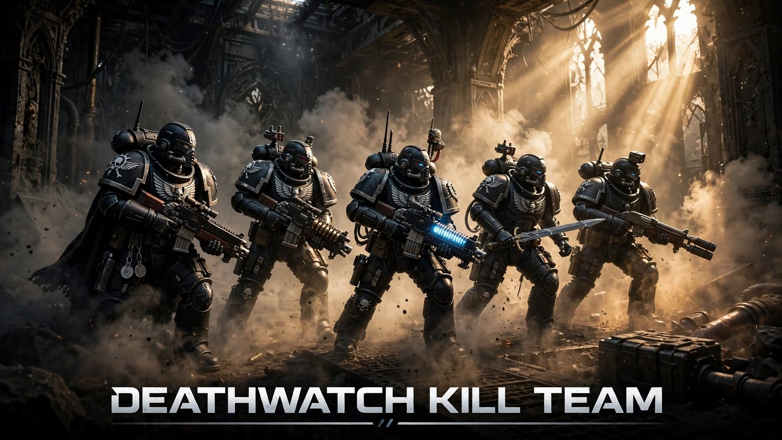 Deathwatch Kill Team elite black armored Space Marines in tactical formation with dramatic backlighting and smoke in gothic industrial battlefield
