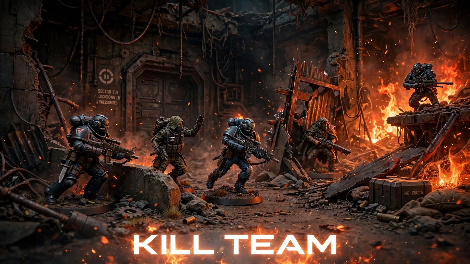 Kill Team elite tactical squad miniatures moving through burning ruined battlefield with dramatic fire glow