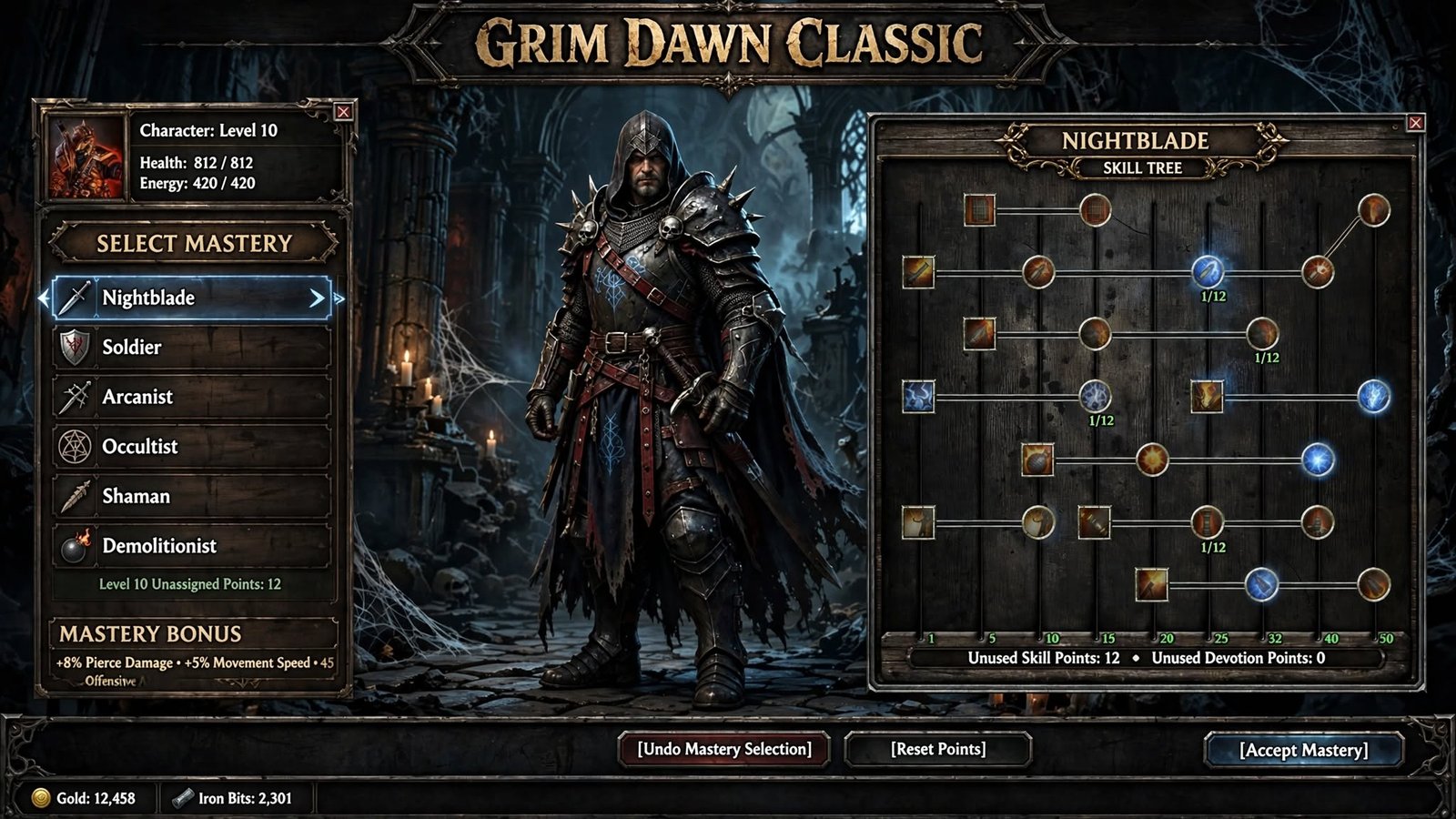 "Grim Dawn mastery selection screen showing available class trees"