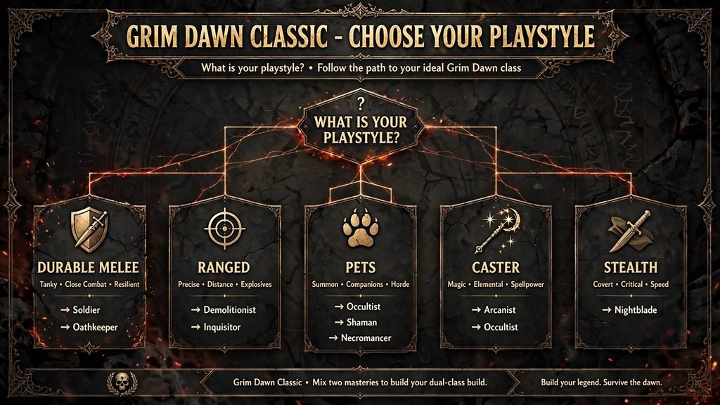 "Beginner decision tree for choosing a first Grim Dawn mastery"