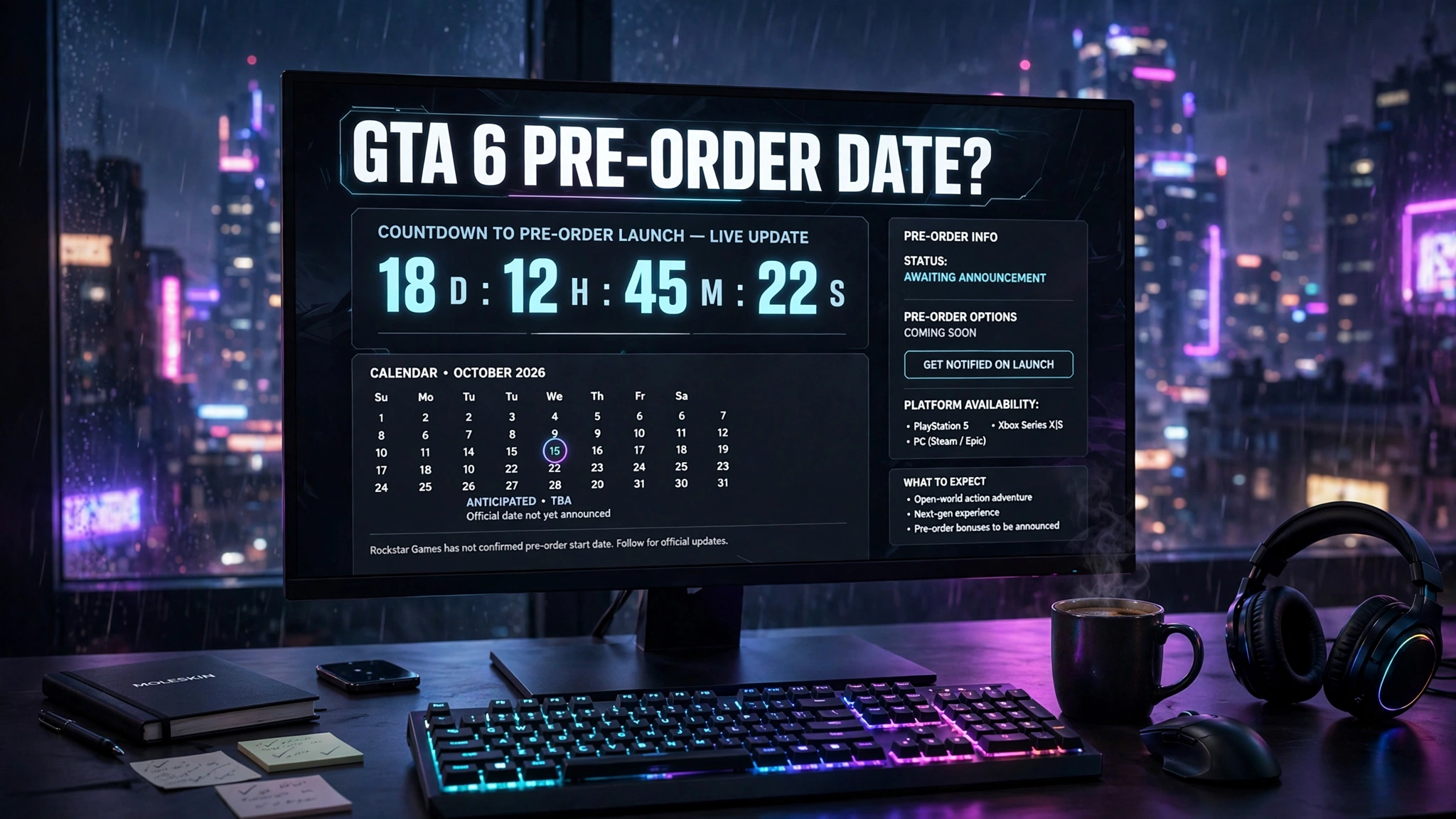 Gaming PC monitor showing GTA 6 pre-order date countdown timer and calendar with neon city skyline at night in background