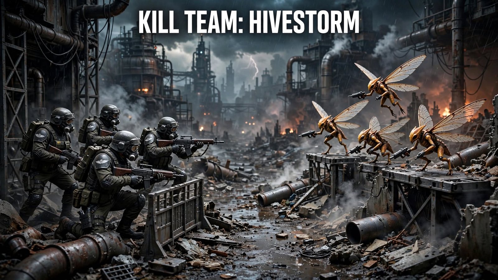 Kill Team Hivestorm elite Tempestus Scions vs Vespid Stingwings battle in vast industrial hive-city with storm lighting