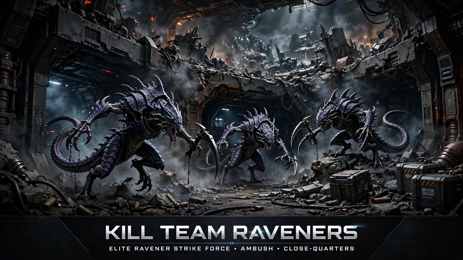 Kill Team Raveners elite alien serpentine creatures ambushing from underground tunnels in ruined sci-fi battlefield