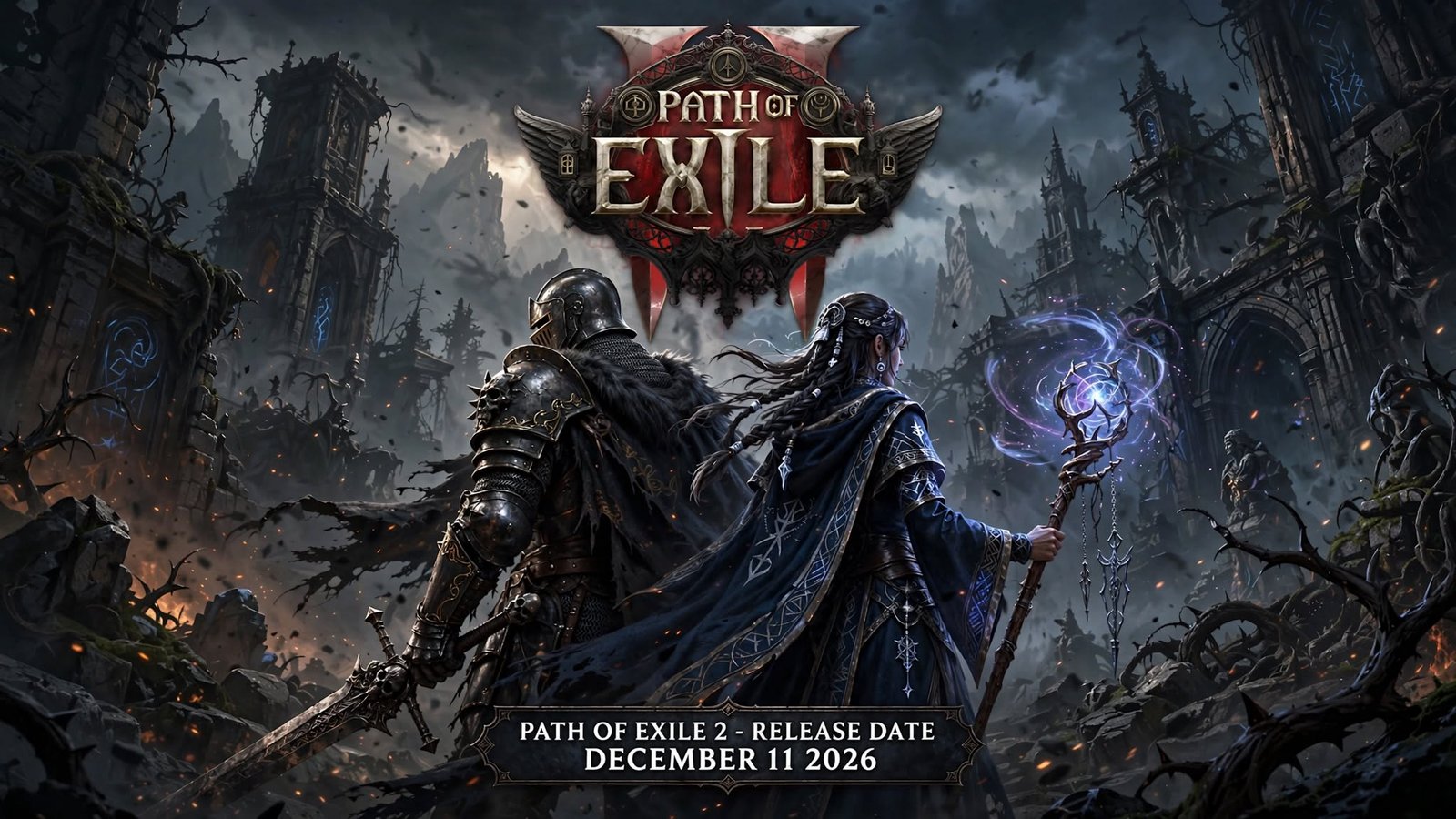 Path of Exile 2 release date December 11 2026 key art with armored warrior and sorceress in ruined cathedral