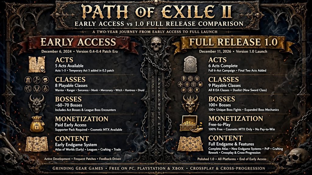 Comparison of Path of Exile 2 Early Access and 1.0 full release.
