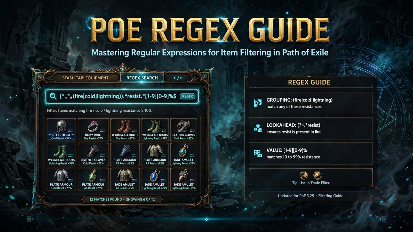 POE regex guide header showing stash tab regex search filtering fire cold lightning resistances