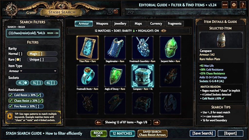 "PoE stash tab regex search box example"