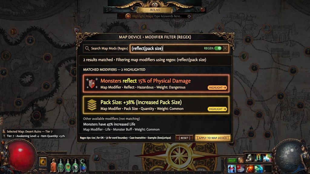 "PoE map device regex search highlighting a dangerous map modifier"
