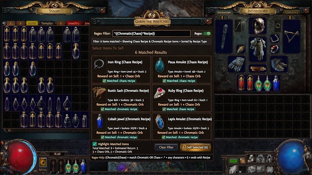 "PoE vendor window regex search for a chaos recipe"