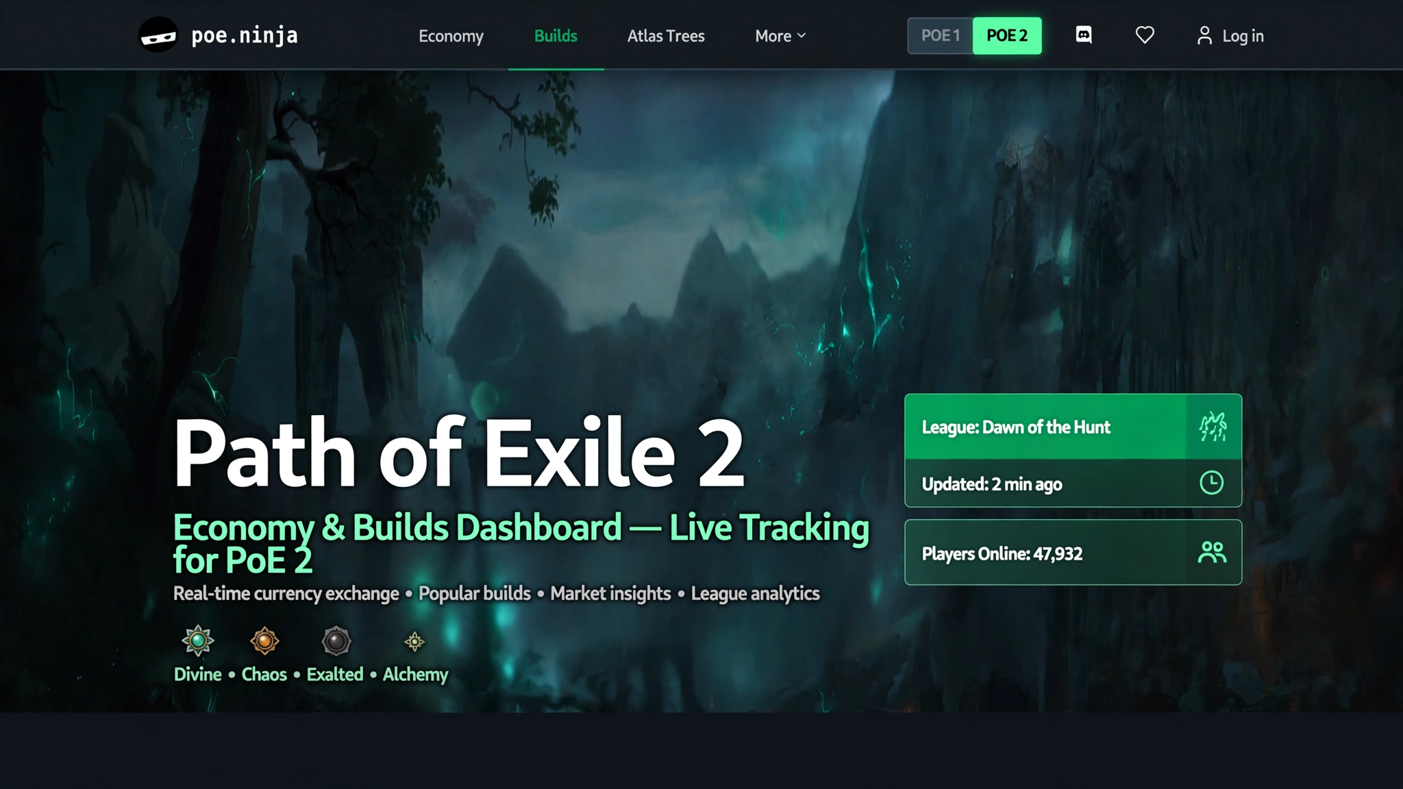 PoE2 Ninja homepage with the Path of Exile 2 version toggle selected