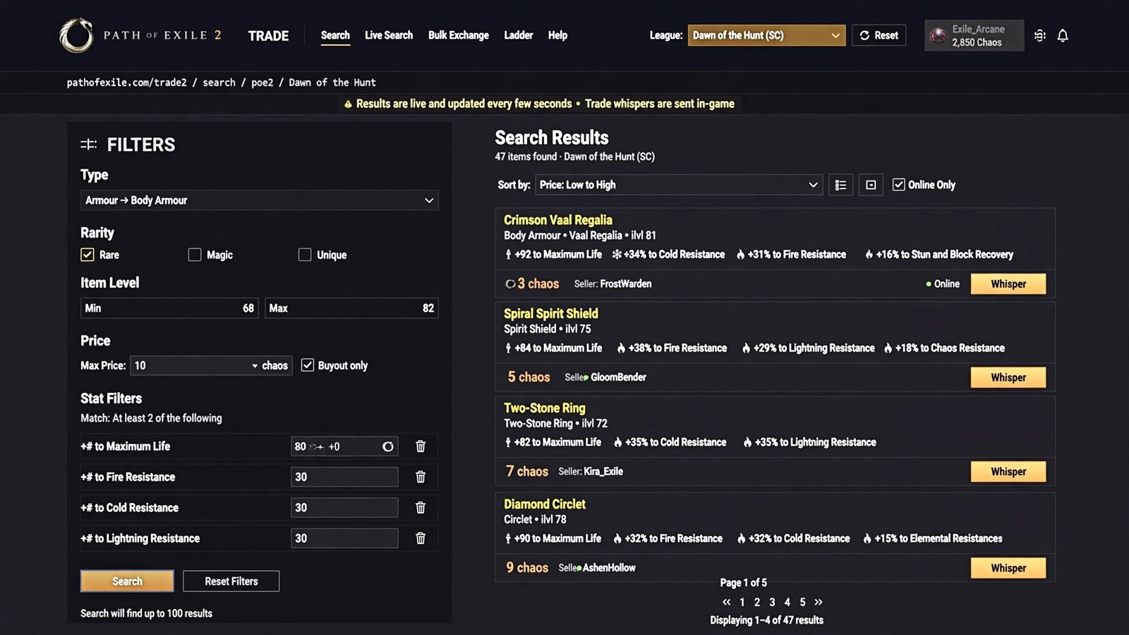 Official Path of Exile 2 trade site search interface"