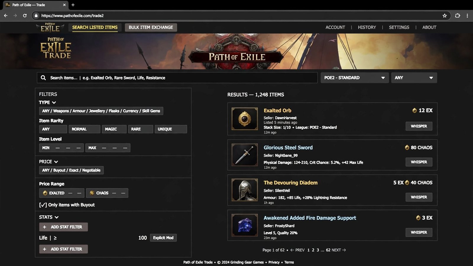 Official Path of Exile 2 trade site search page at pathofexile.com/trade2