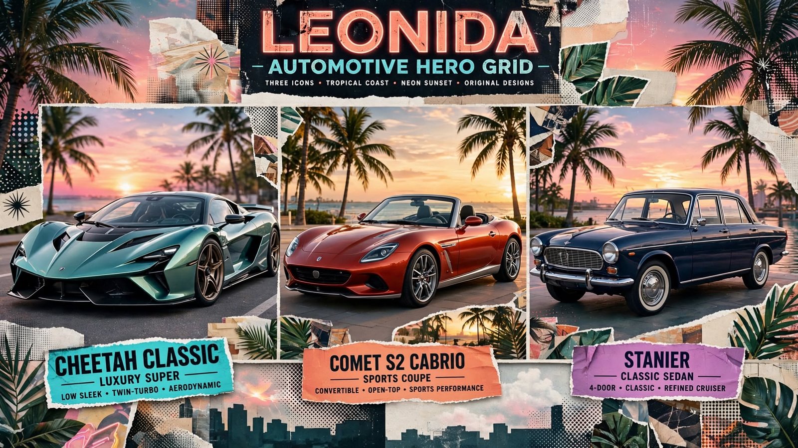 GTA 6 cars featured grid showing Cheetah Classic, Comet S2 Cabrio, and Stanier against Leonida backdrop