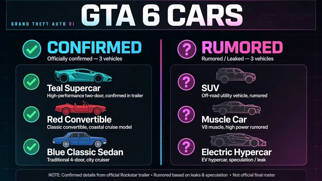 Confirmed versus rumored GTA 6 vehicles.