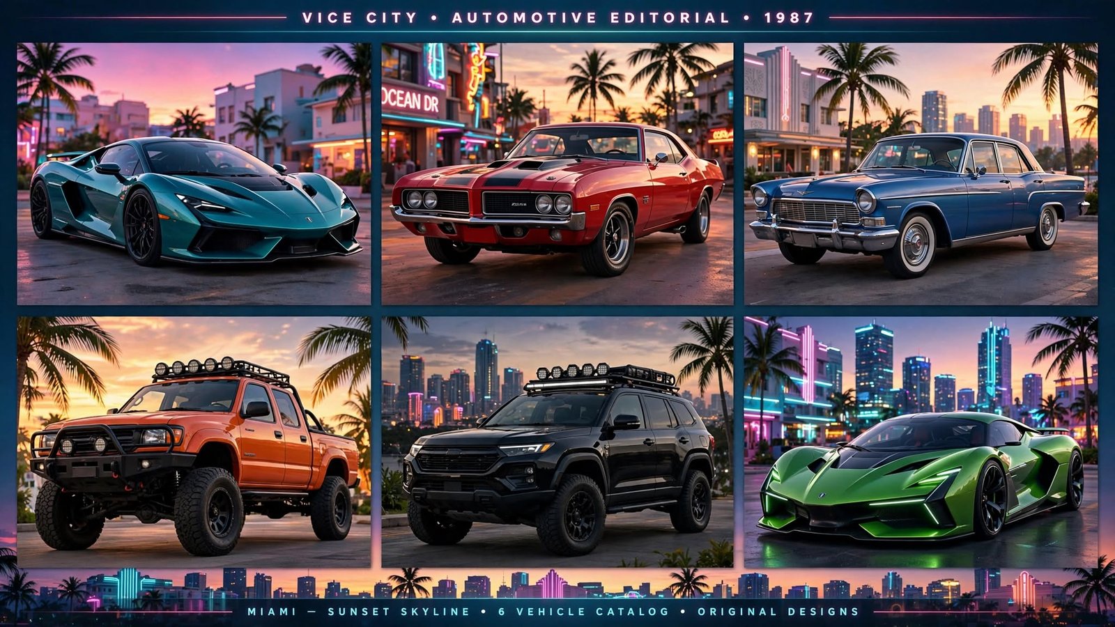 Cars on GTA 6 featured grid showing 6 vehicle types supercar muscle car classic sedan pickup SUV hypercar against Vice City backdrop