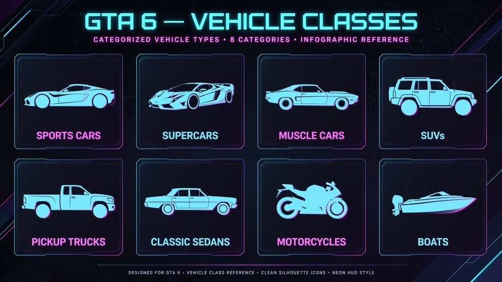 GTA 6 vehicle types including sports cars, SUVs and pickup trucks