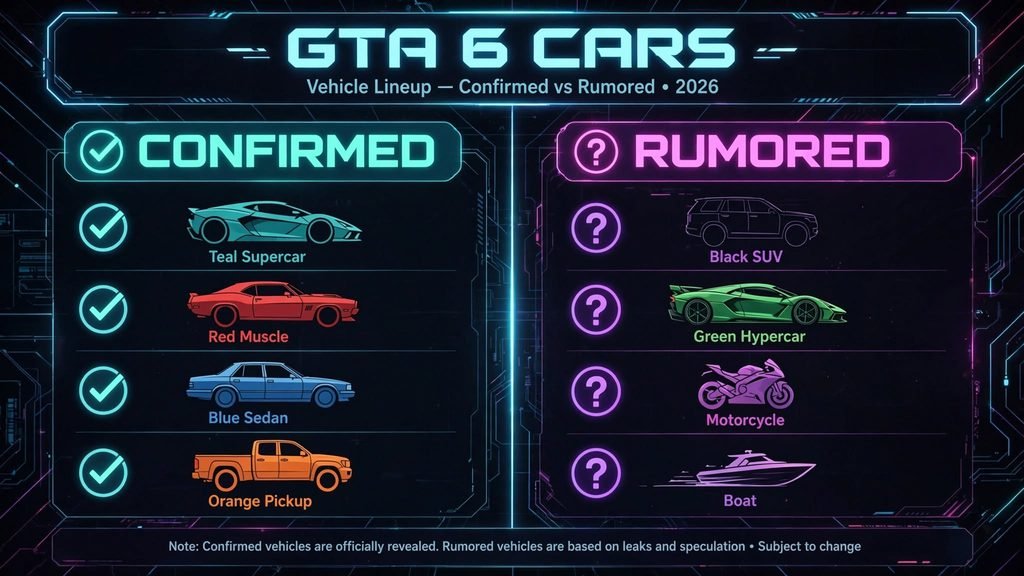 Confirmed versus rumored GTA 6 vehicles comparison graphic."