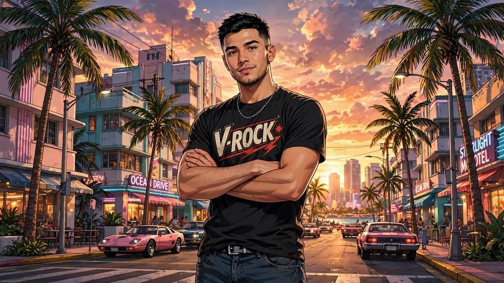 Jason Duval wearing a V-Rock T-shirt in GTA 6 promotional material