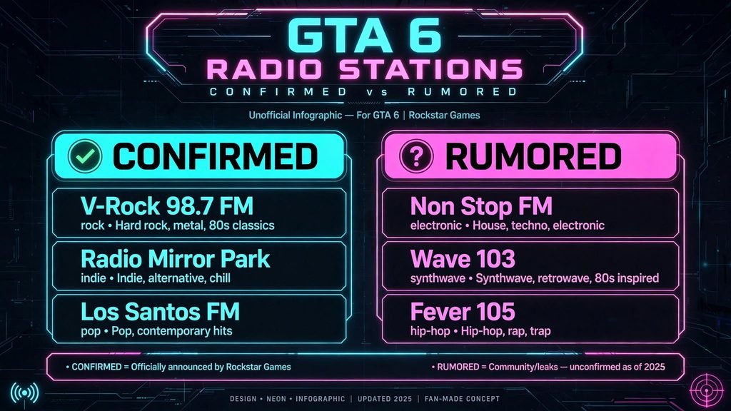 GTA 6 radio stations confirmed vs rumored chart