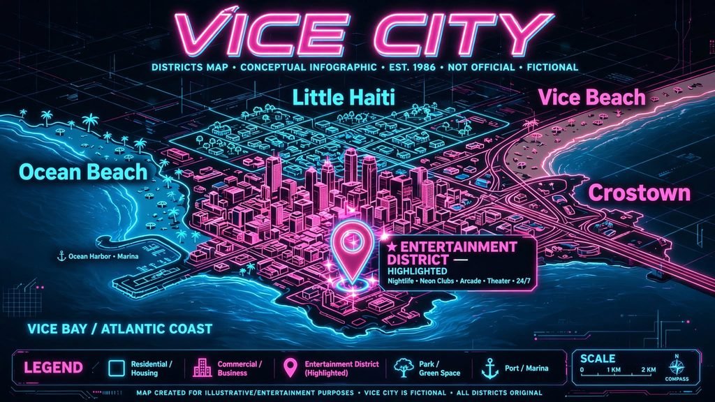 Map showing Crosstown, Vice City, home to the Jack of Hearts strip club in GTA 6"