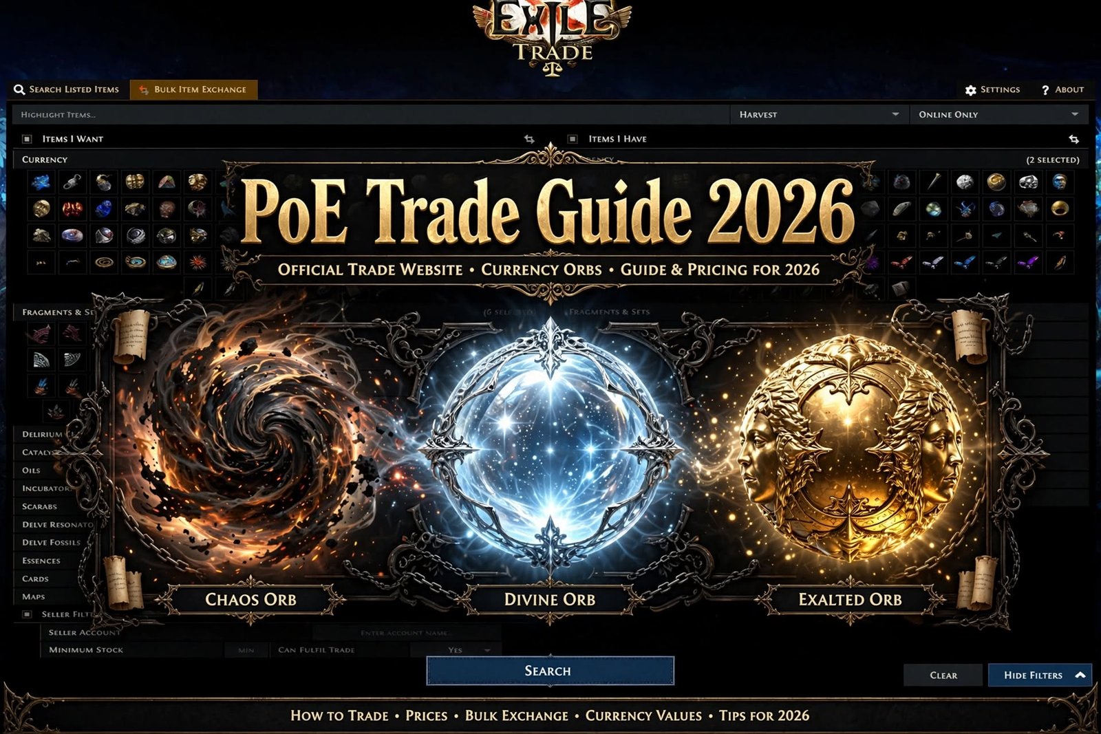 PoE Trade Guide 2026 showing the official Path of Exile trade website interface with Chaos Orb, Divine Orb, and Exalted Orb