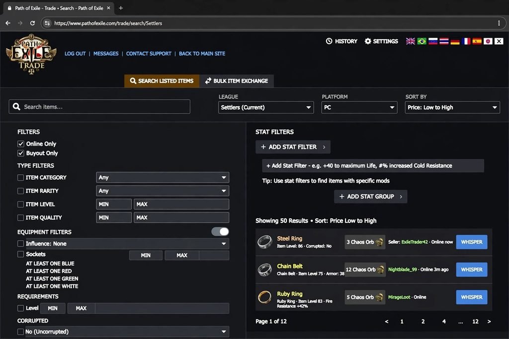 Official PoE trade website search page at pathofexile.com/trade