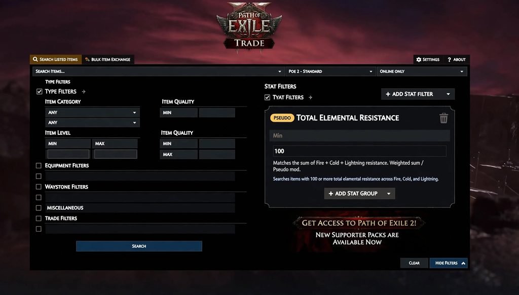 PoE trade filters using a pseudo total elemental resistance modifier